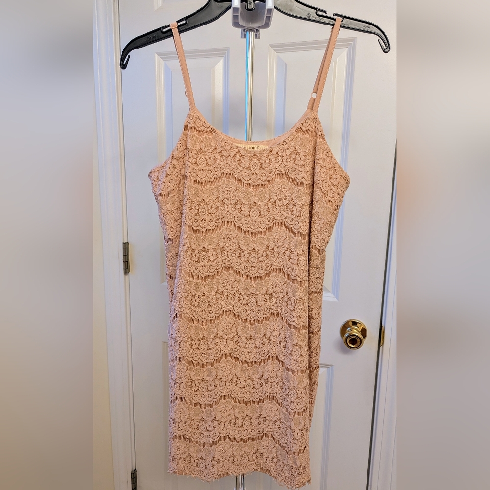 Miami Lace Tan Slip Dress Spaghetti Strap Mini